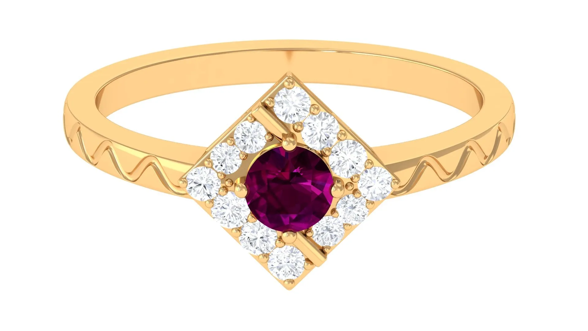 0.75 CT Natural Rhodolite Textured Ring with Diamond Stones