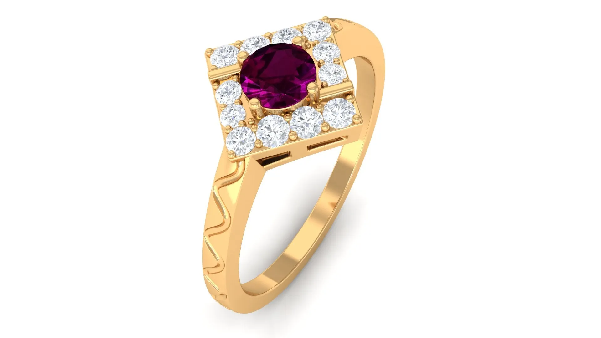 0.75 CT Natural Rhodolite Textured Ring with Diamond Stones