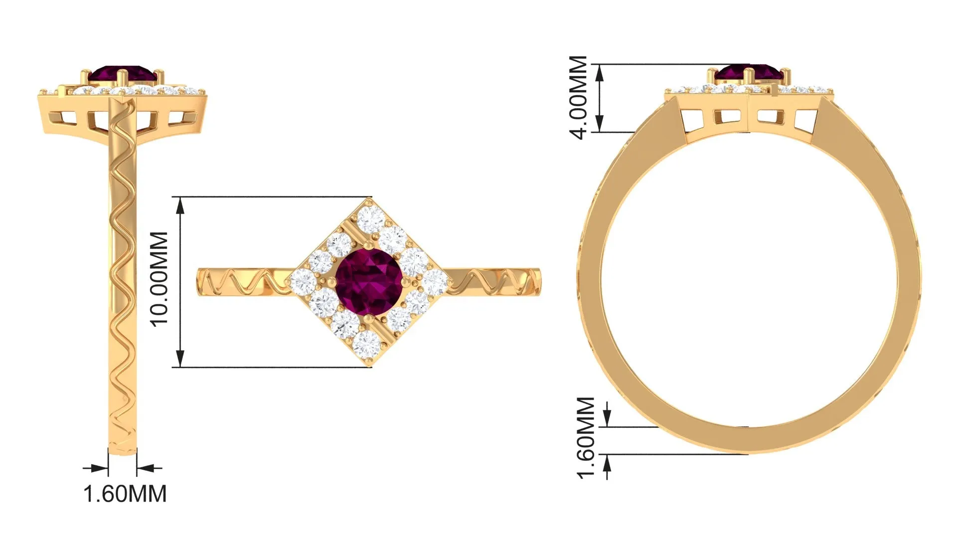 0.75 CT Natural Rhodolite Textured Ring with Diamond Stones