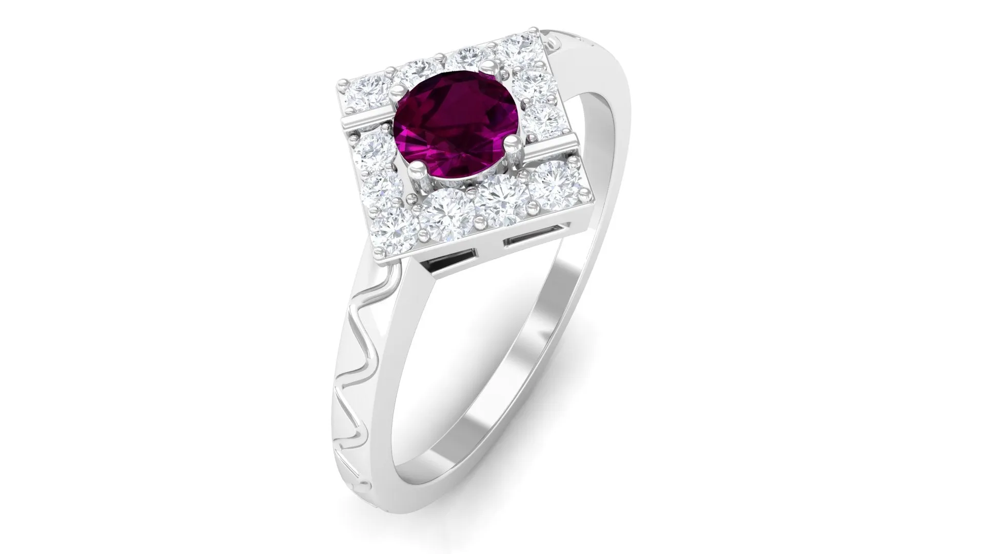 0.75 CT Natural Rhodolite Textured Ring with Diamond Stones