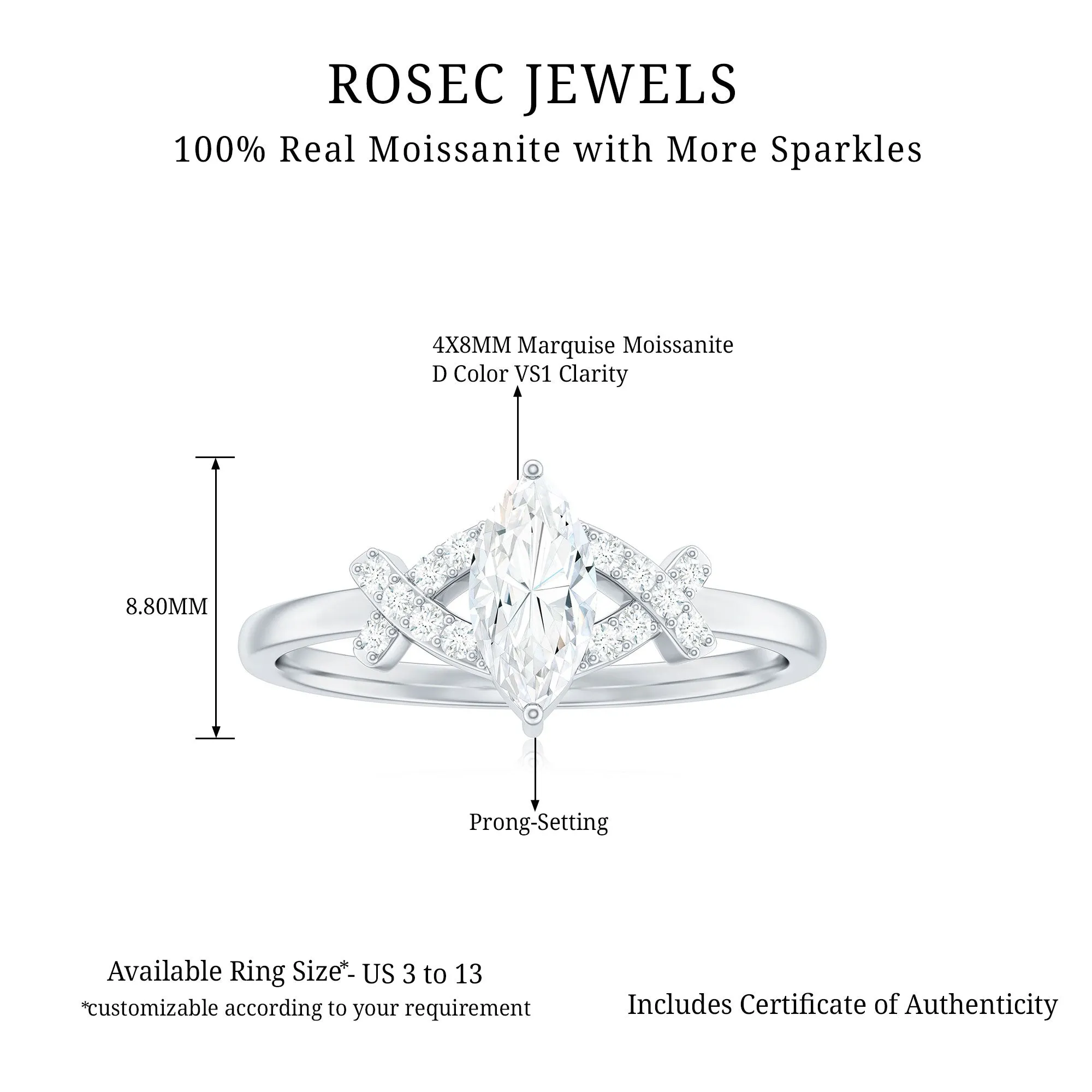 1 Carat Moissanite Marquise Solitaire Ring in Gold