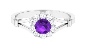 1 CT Amethyst and Diamond Halo Split Shank Ring