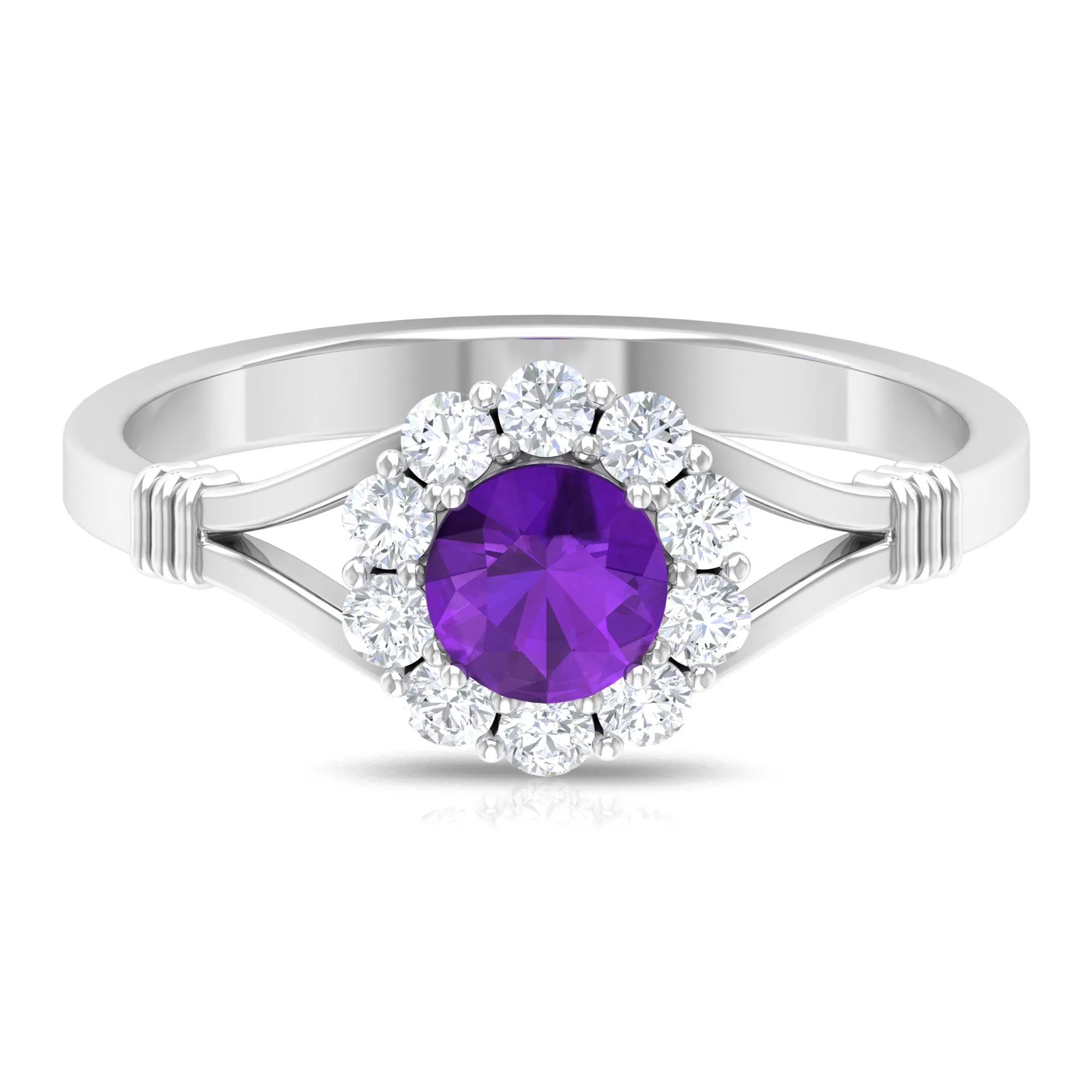 1 CT Amethyst and Diamond Halo Split Shank Ring