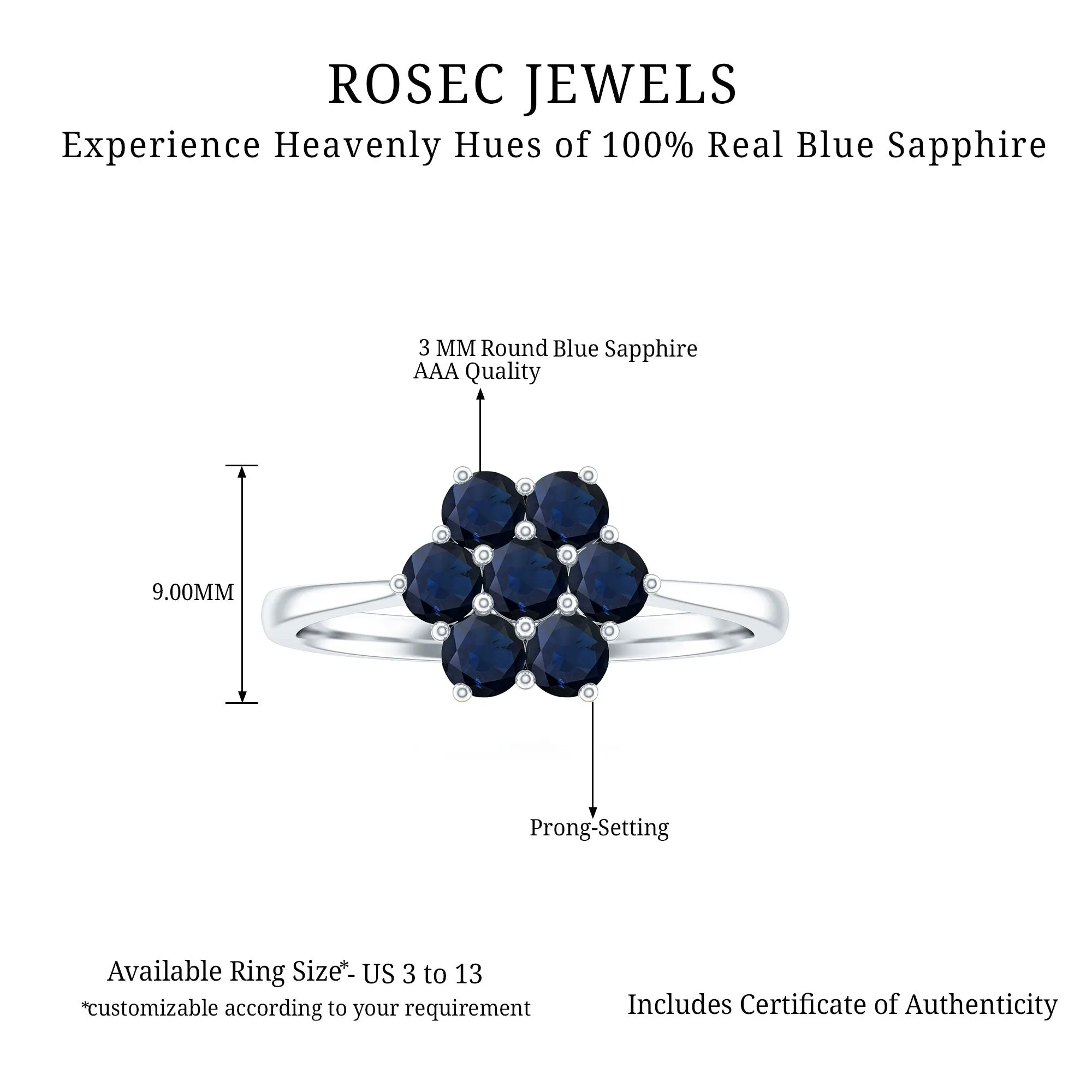 1 CT Round Shape Blue Sapphire Cluster Flower Ring