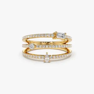 14k Gold Triple Row Mix Diamond Statement Ring