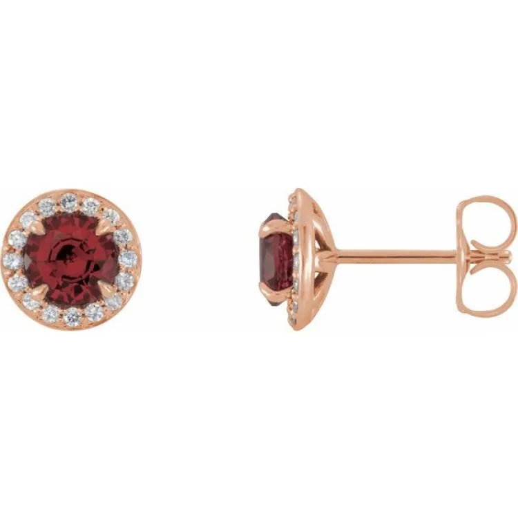 14K Rose 5 mm Natural Mozambique Garnet & 1/8 CTW Natural Diamond Earrings