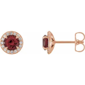 14K Rose 5 mm Natural Mozambique Garnet & 1/8 CTW Natural Diamond Earrings