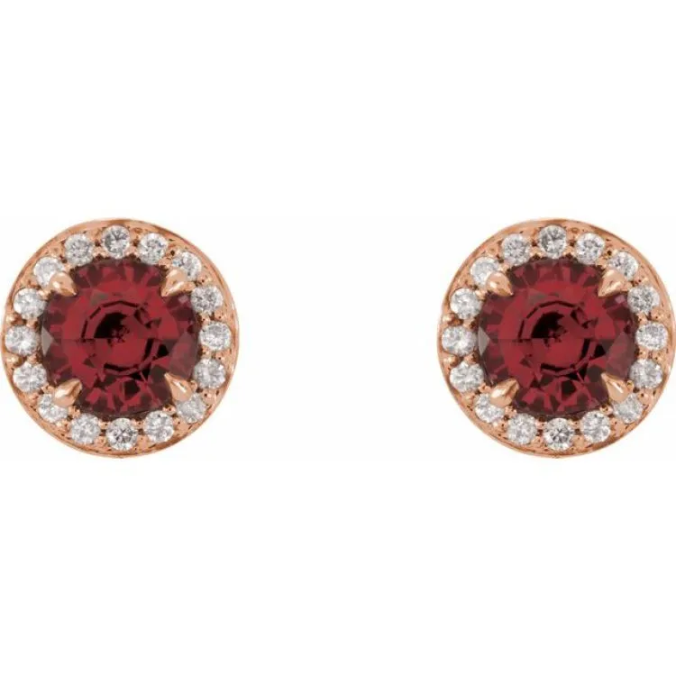 14K Rose 5 mm Natural Mozambique Garnet & 1/8 CTW Natural Diamond Earrings