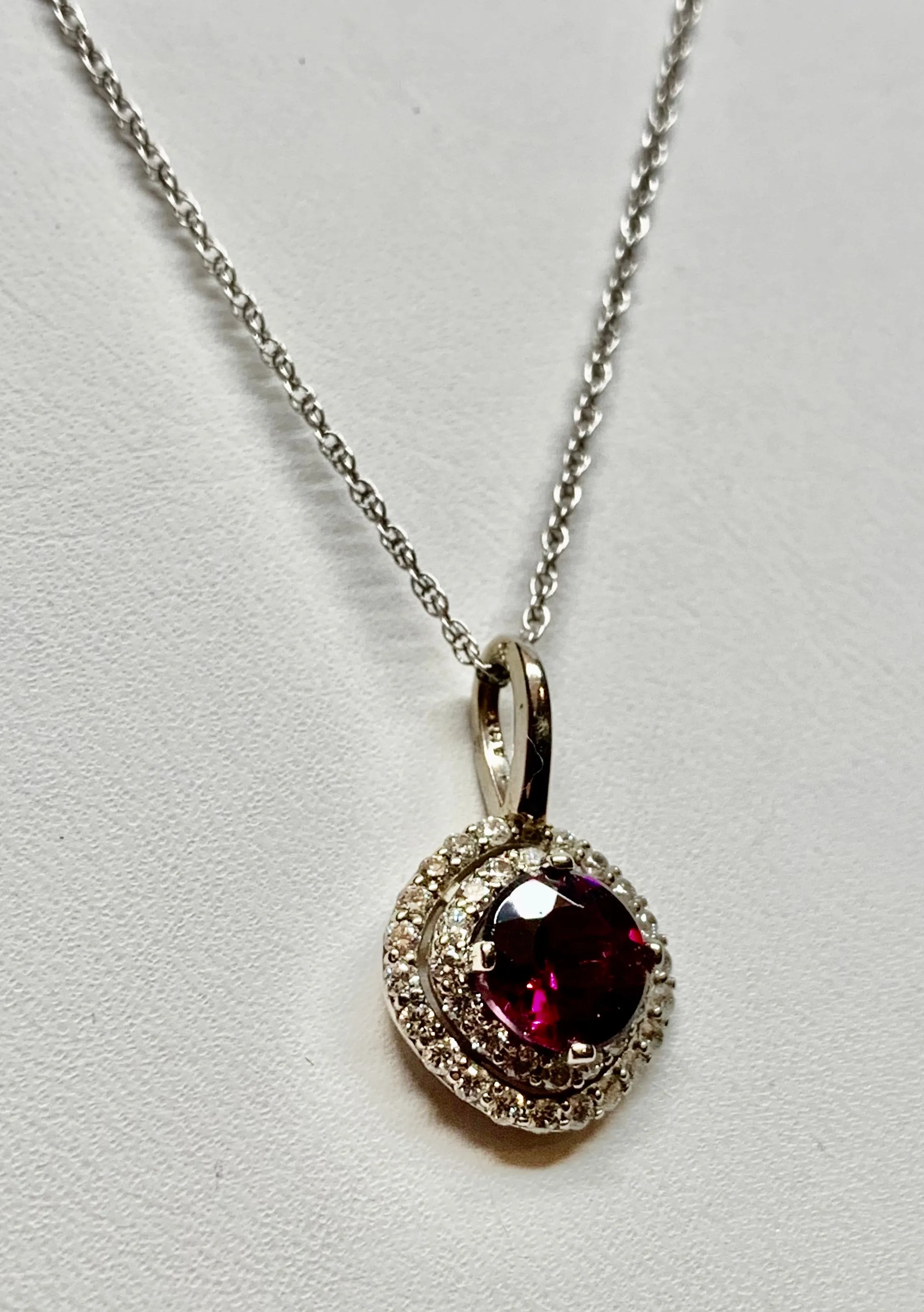 14K White Gold Garnet & Diamond Pendant