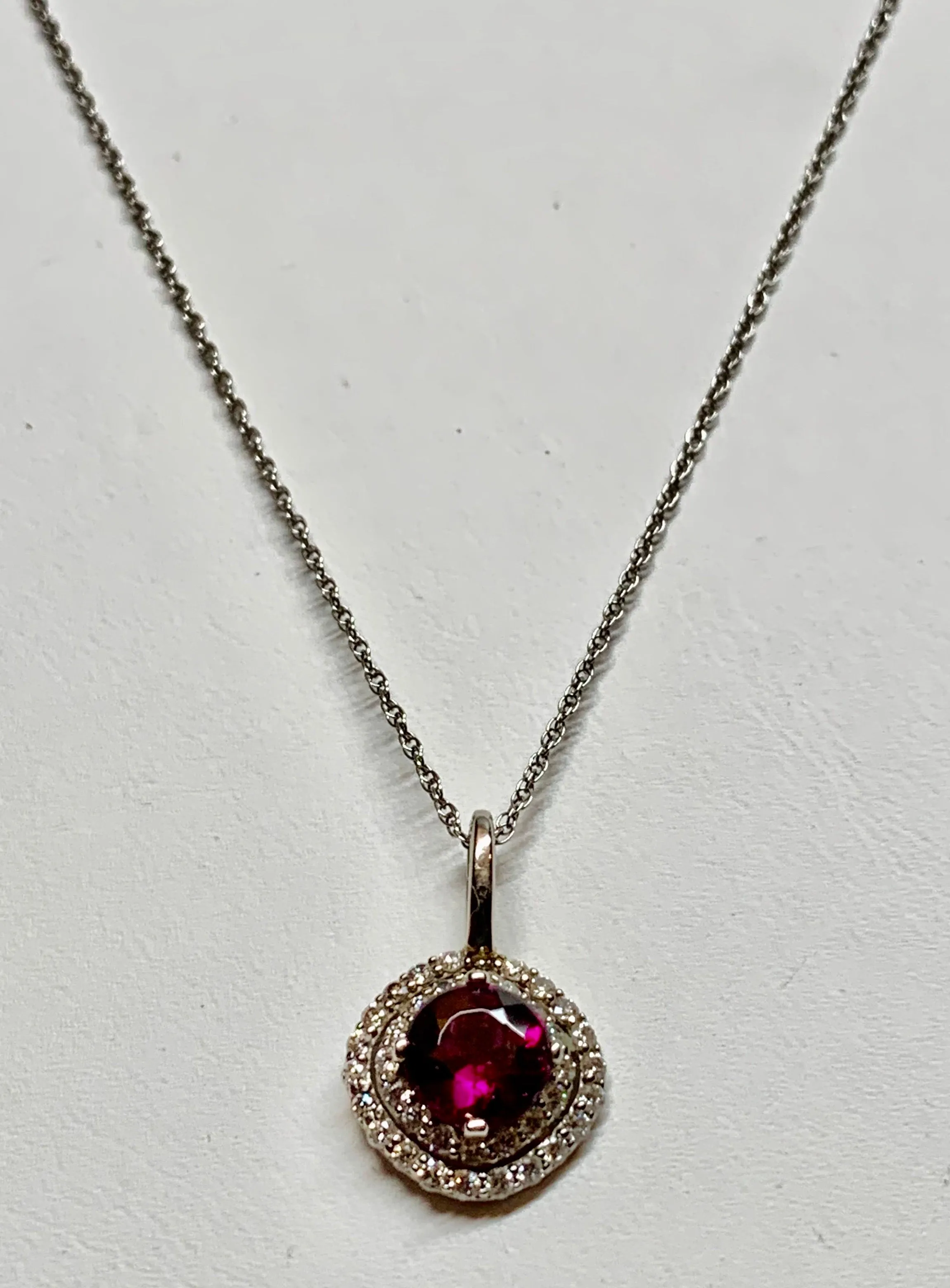 14K White Gold Garnet & Diamond Pendant