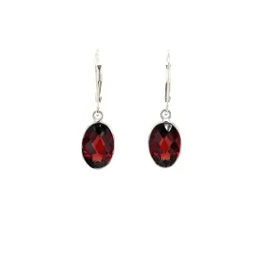 14k White Gold Oval Checkerboard Cut Garnet Drop Earrings