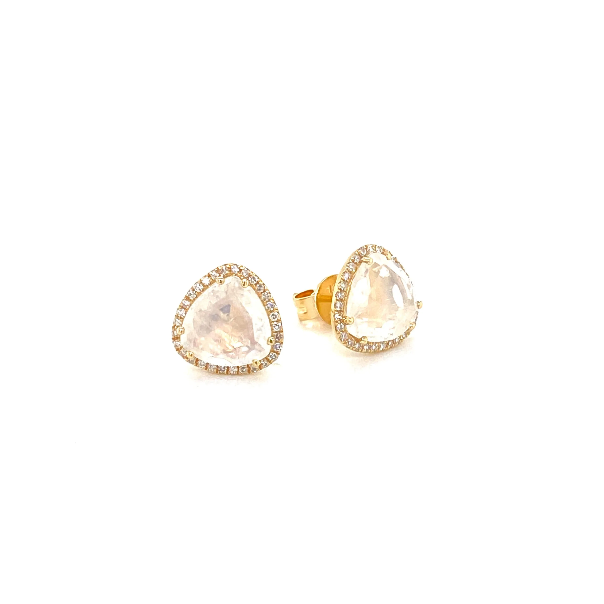 14K Yellow Gold Diamond   Moonstone Trillion Stud Earrings