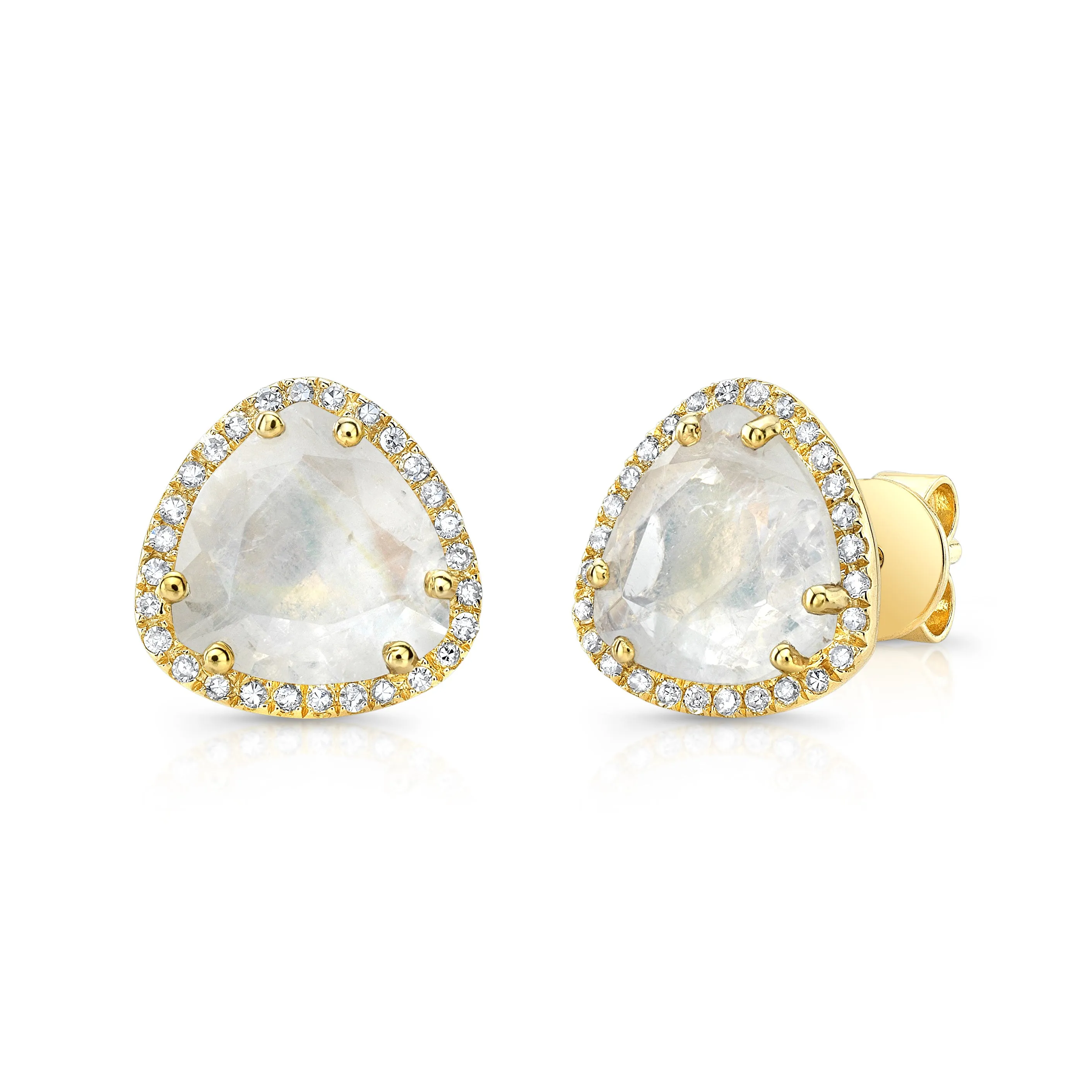 14K Yellow Gold Diamond   Moonstone Trillion Stud Earrings