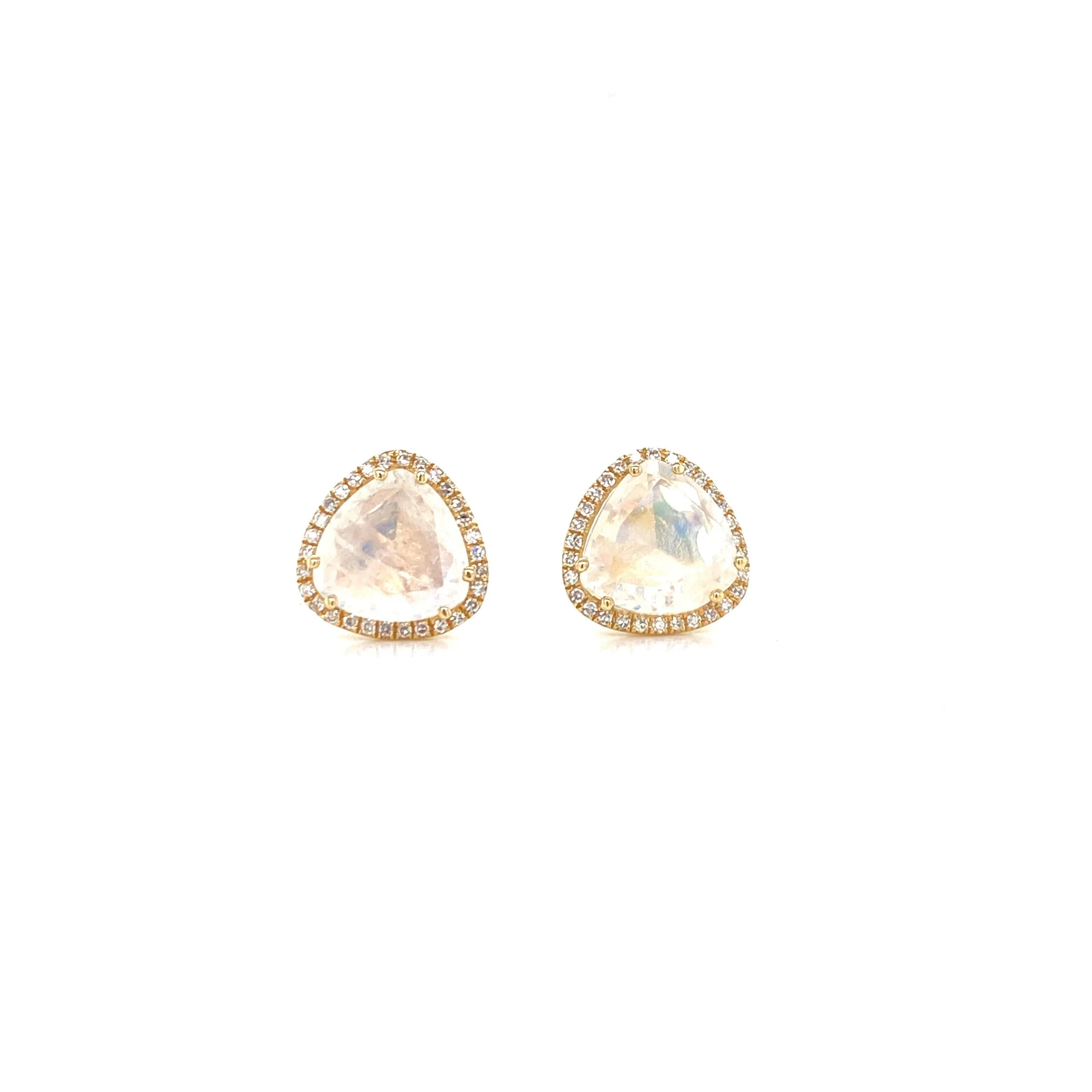 14K Yellow Gold Diamond   Moonstone Trillion Stud Earrings