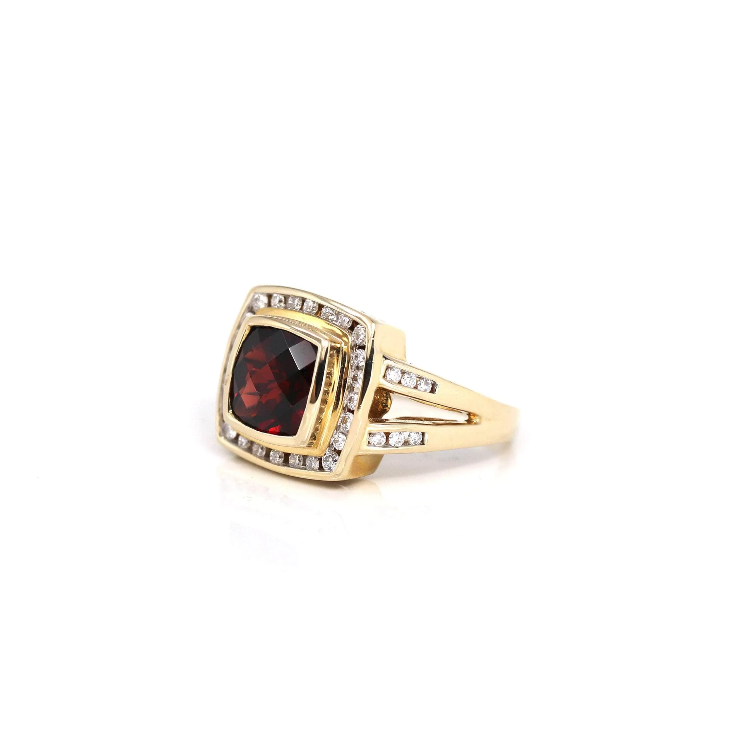 14k Yellow Gold Natural Dark Orange Red Garnet Antique Men's Ring with Diamonds