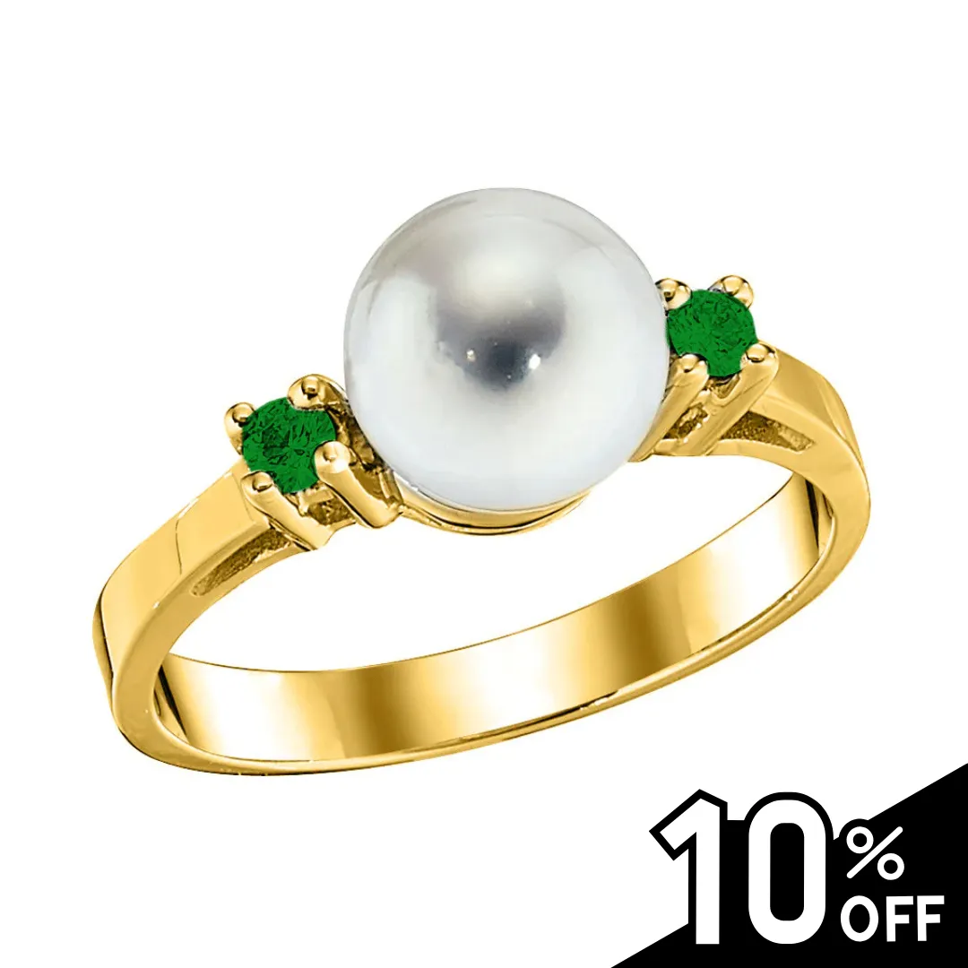 14K Yellow Gold Pearl and Emerald Ring