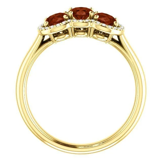 14KT GOLD 1.74 CTW GARNET & .10 CTW DIAMOND 3 STONE OVAL HALO RING