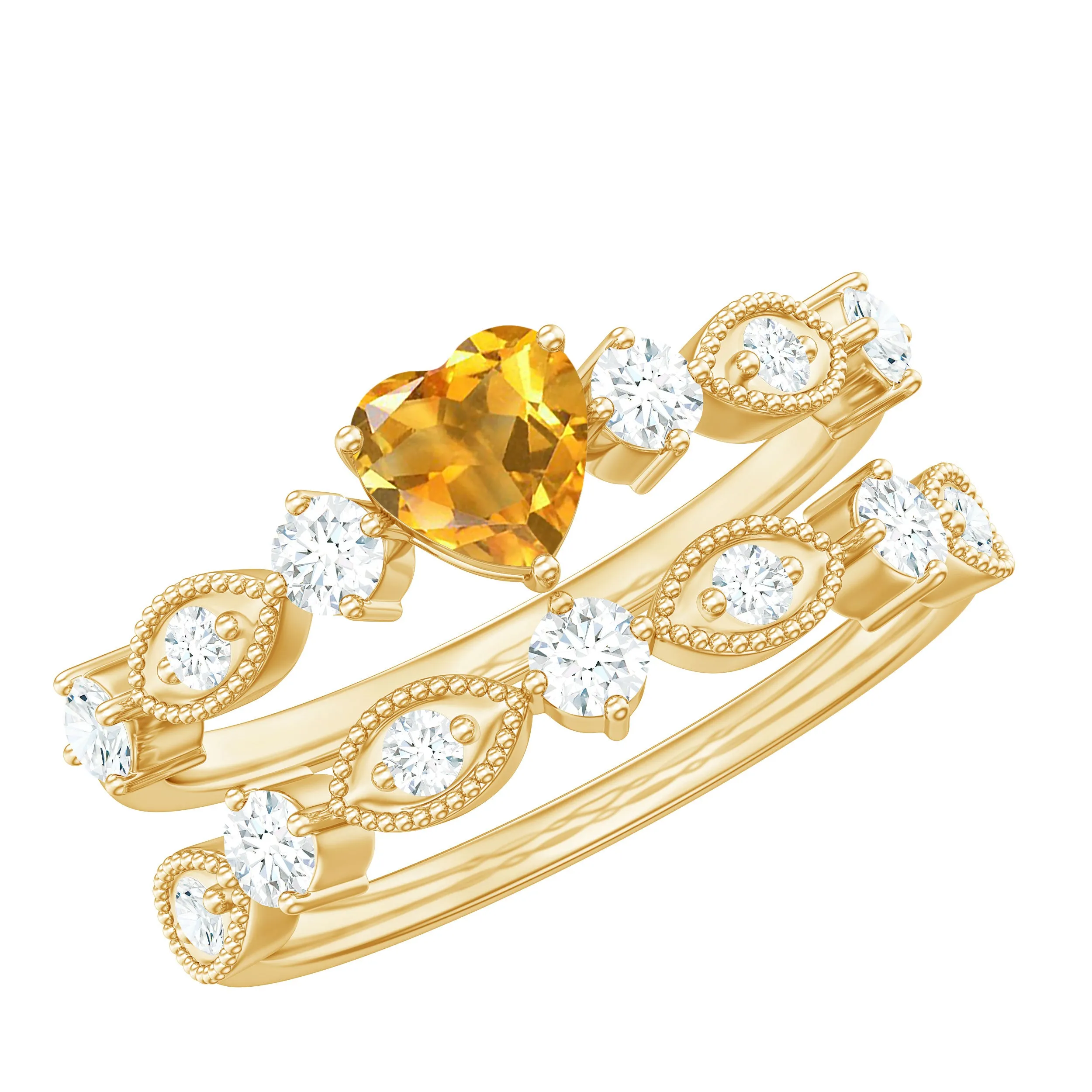 1.75 CT Natural Heart Citrine and Moissanite Stackable Ring Set