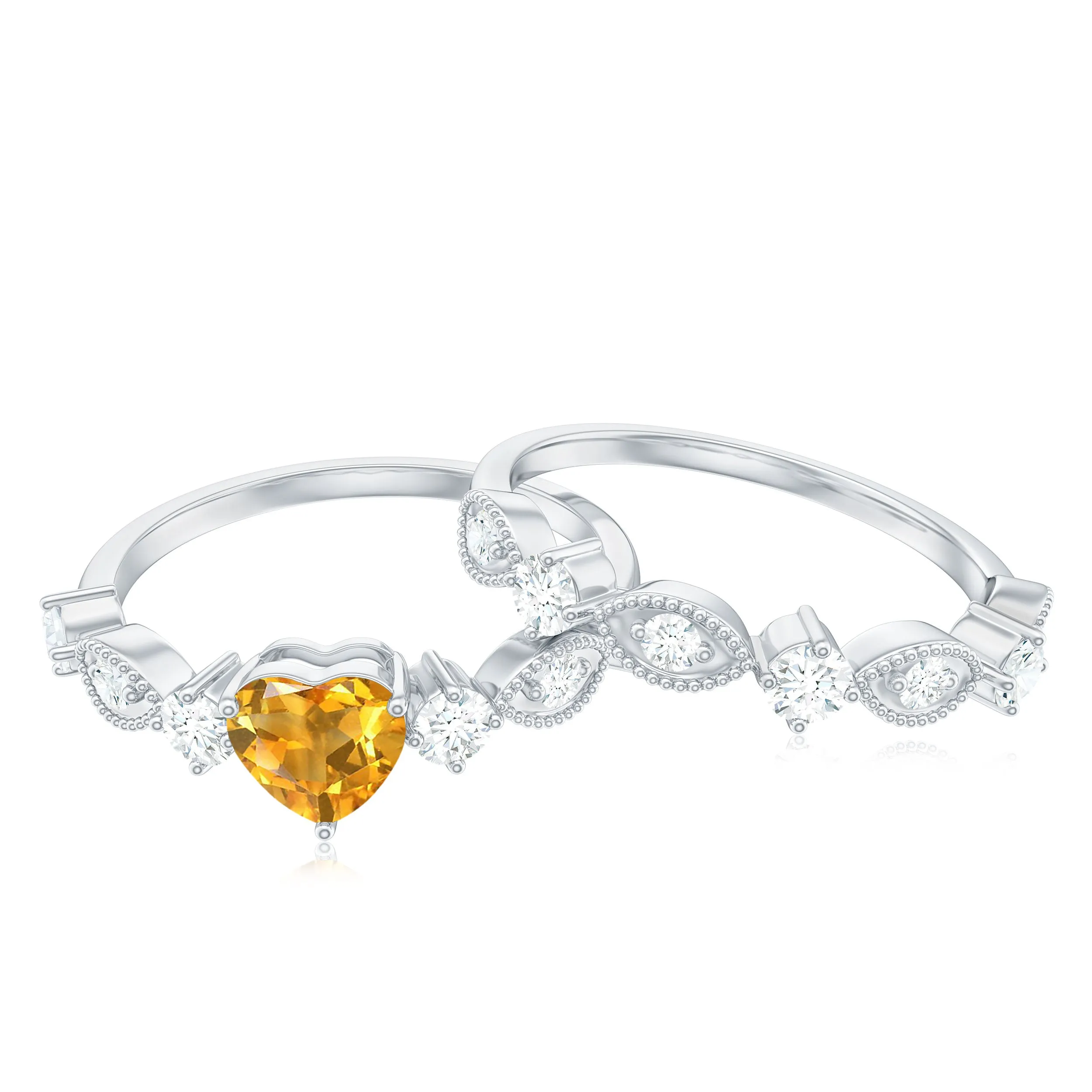 1.75 CT Natural Heart Citrine and Moissanite Stackable Ring Set