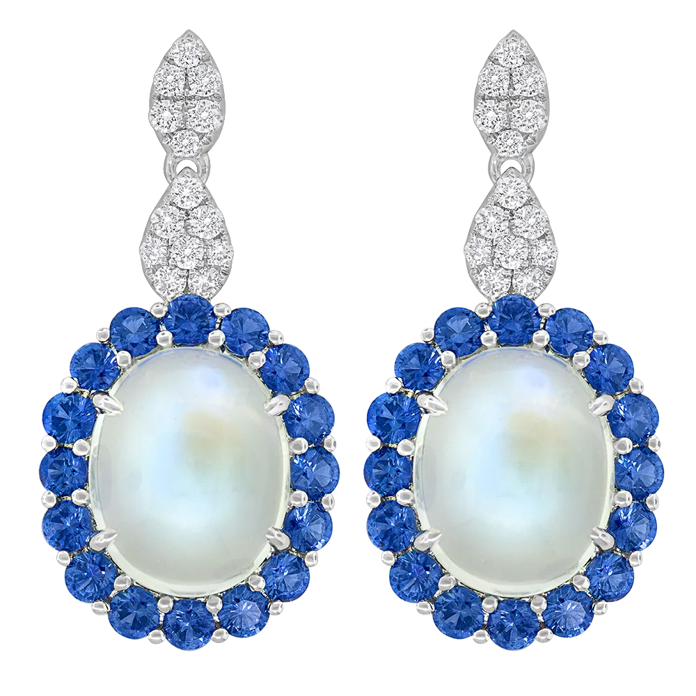 18K White Moonstone, Sapphire and Natural Diamond Drop Earrings