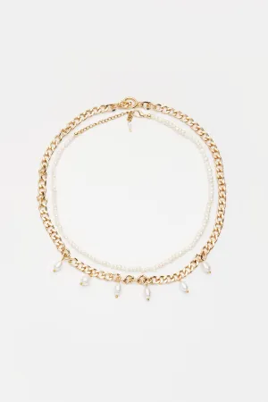 2 piece pearl choker and gold chain with pearls