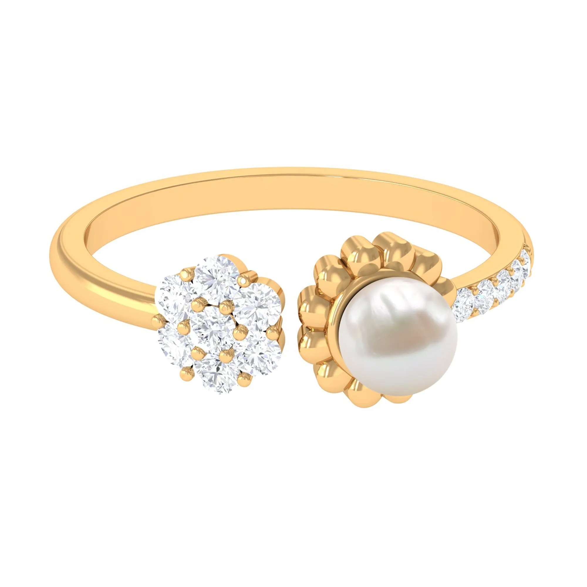 2.50 CT Freshwater Pearl and Diamond Flower Cuff Ring