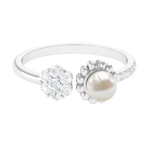 2.50 CT Freshwater Pearl and Diamond Flower Cuff Ring