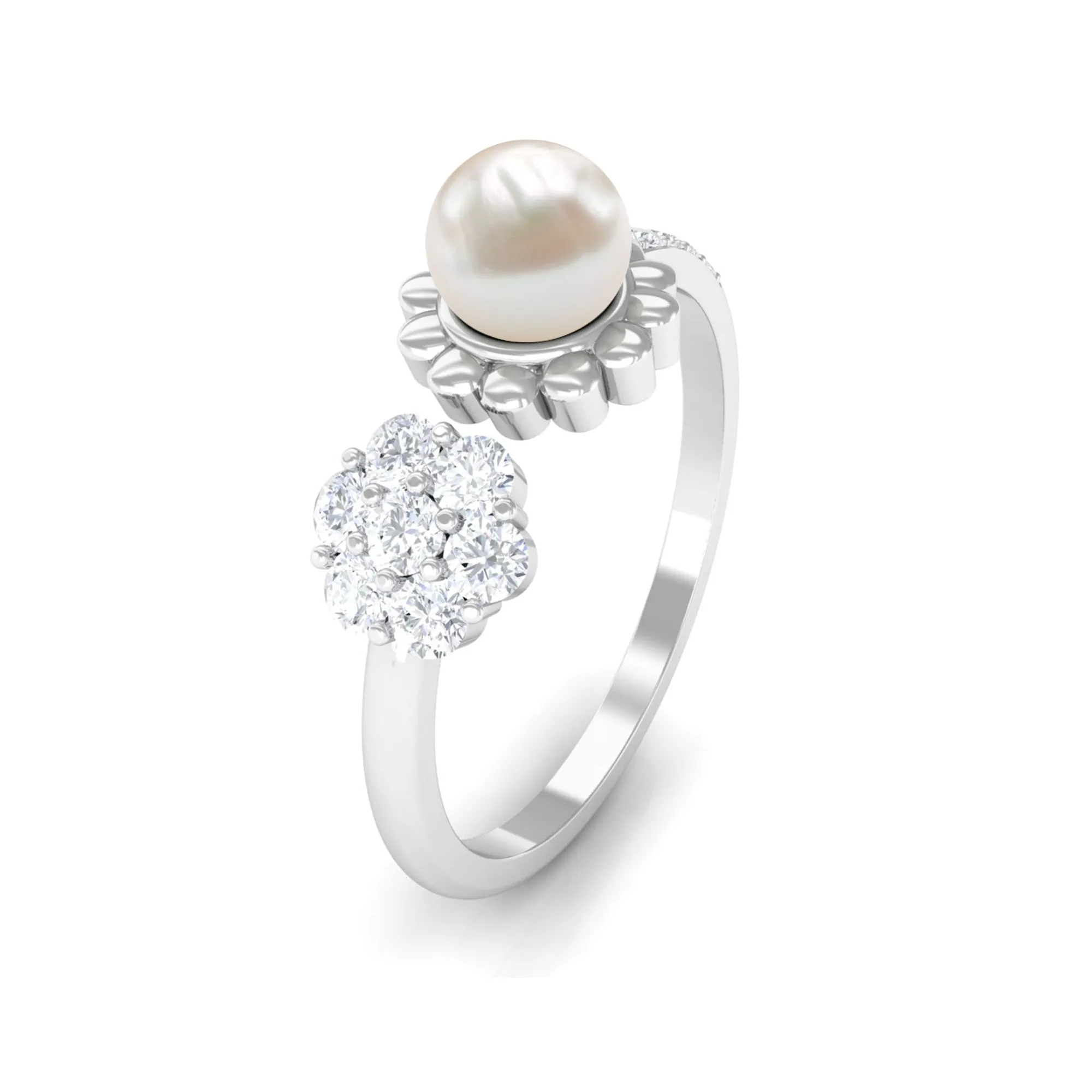 2.50 CT Freshwater Pearl and Diamond Flower Cuff Ring