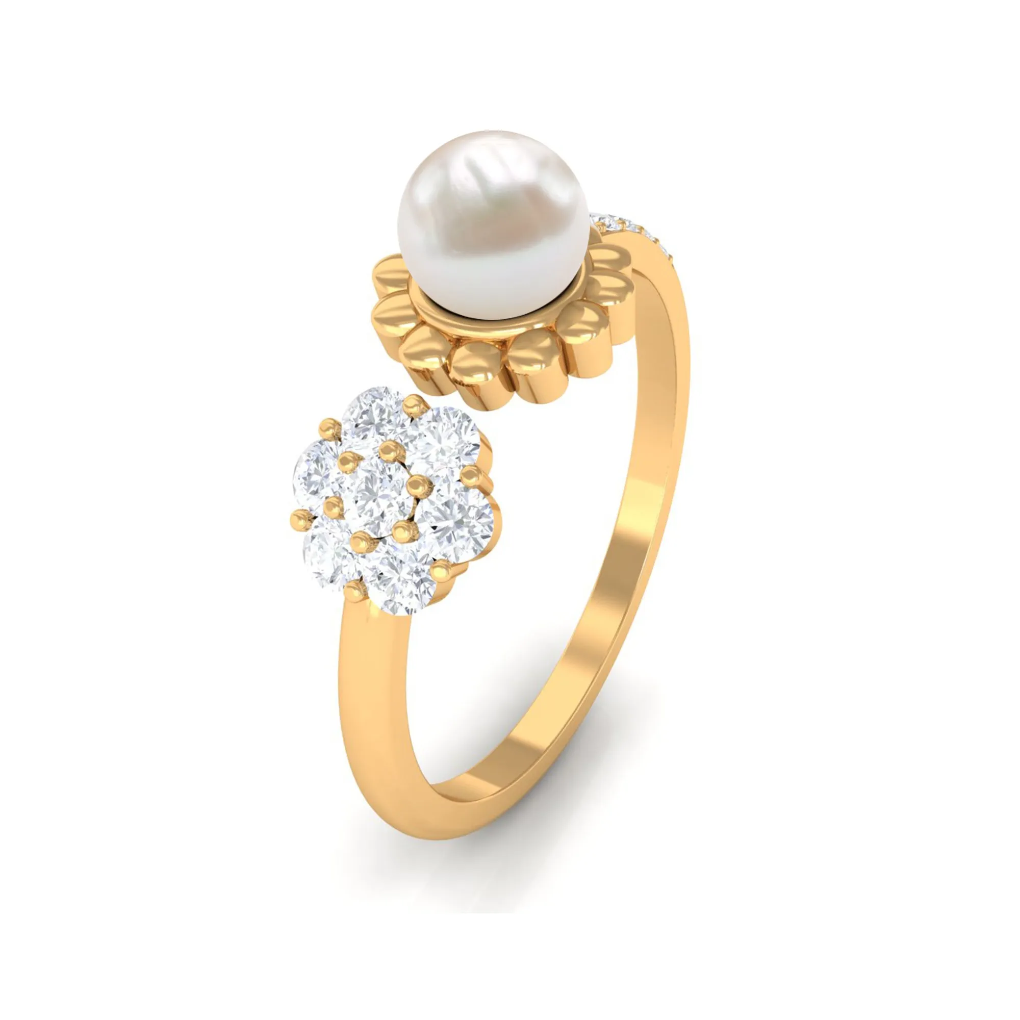 2.50 CT Freshwater Pearl and Diamond Flower Cuff Ring