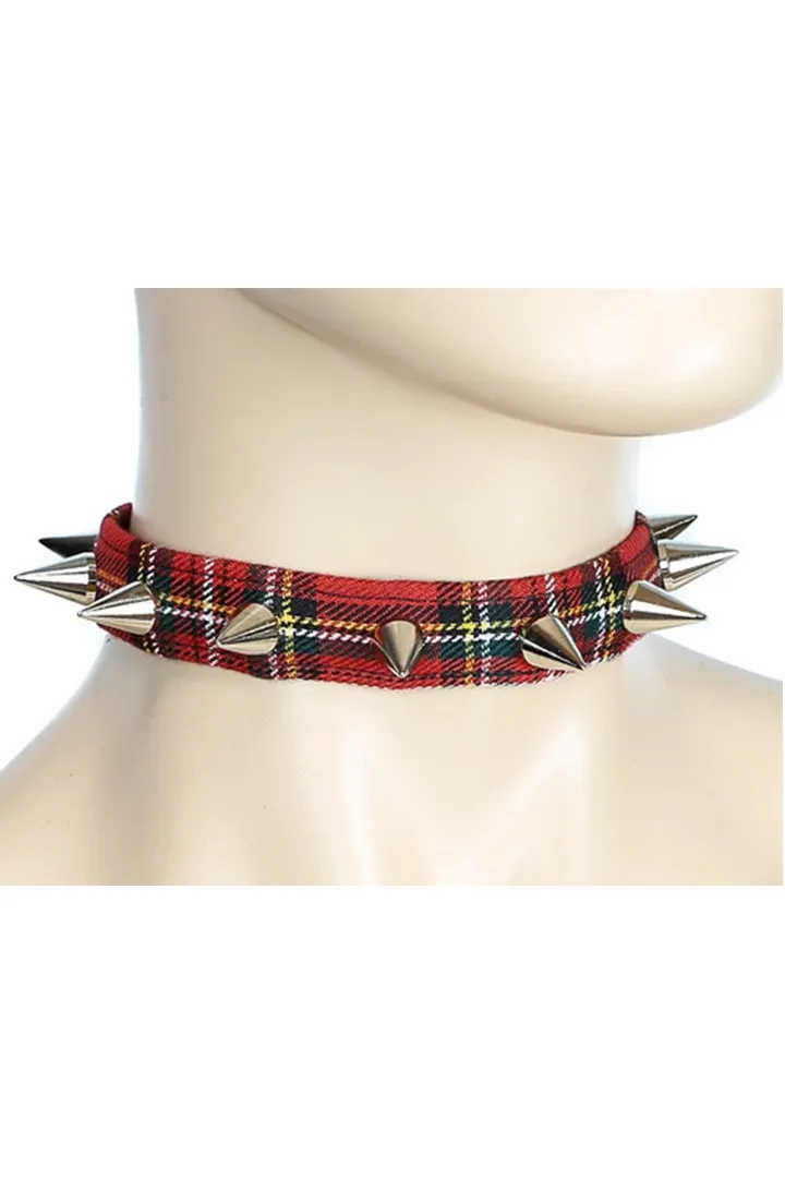 3/4" Red Plaid Choker with Small Cone Spikes