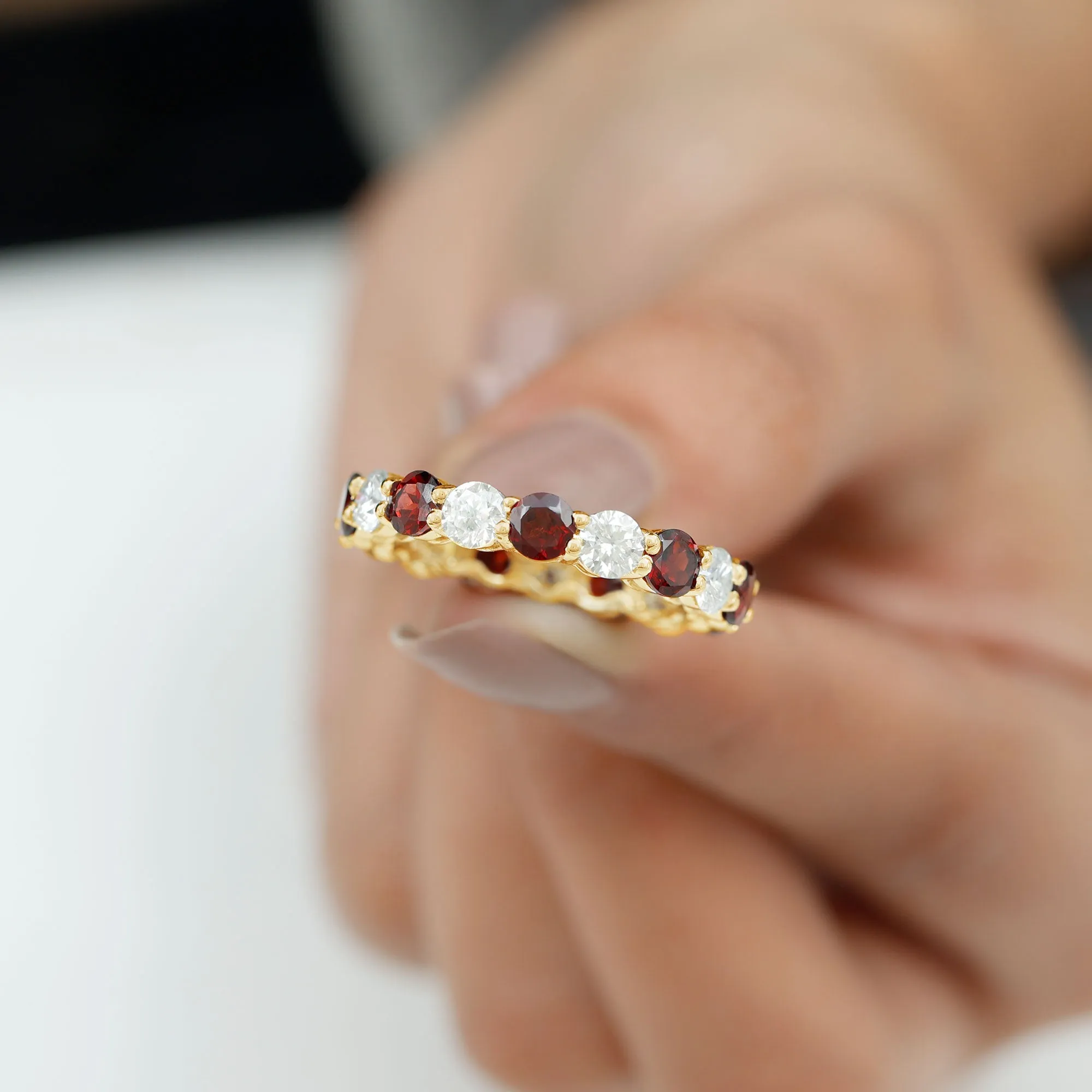 6 CT Round Garnet Gold Eternity Band Ring with Moissanite