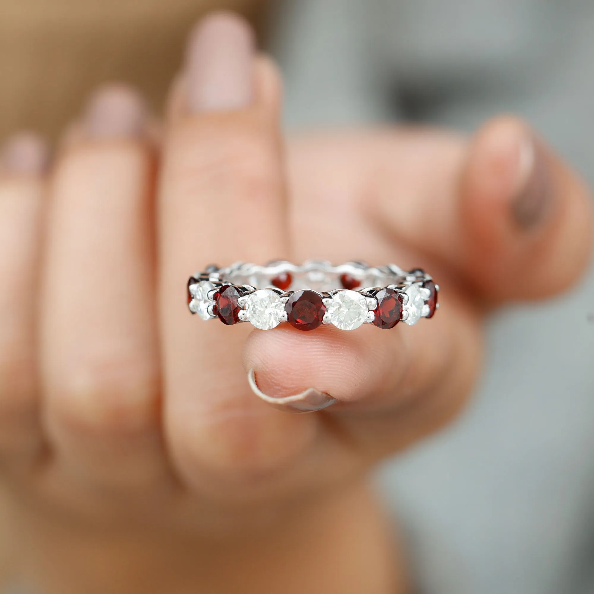 6 CT Round Garnet Gold Eternity Band Ring with Moissanite