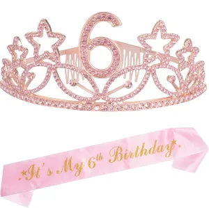 6Th Birthday Gifts For Girl, 6Th Birthday Tiara And Sash Pink, Happy 6Th Birthday Party