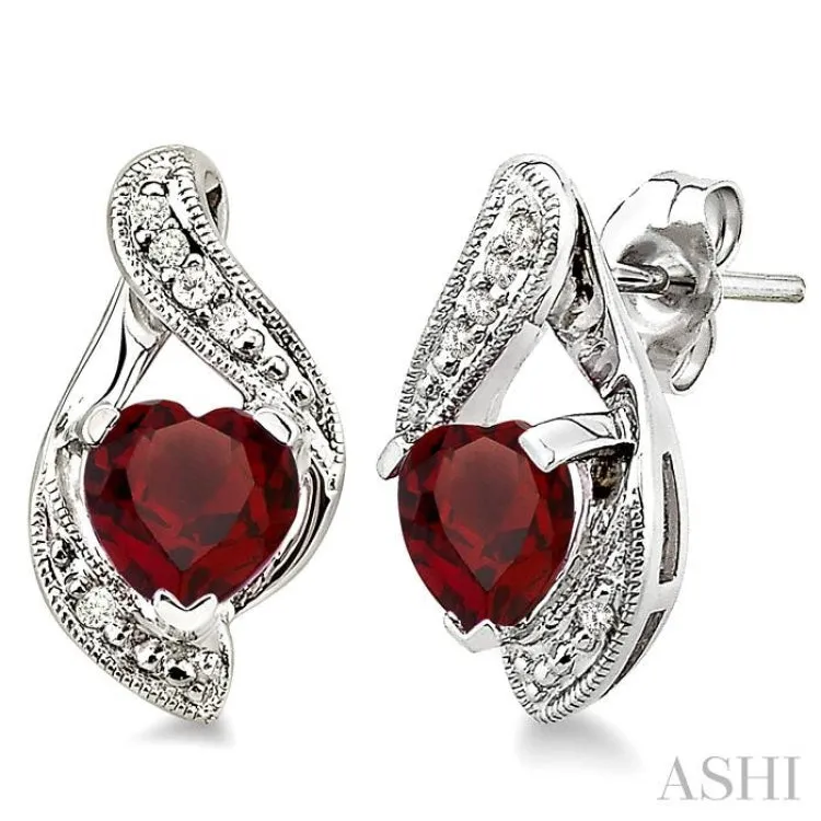 6x6MM Heart Shape Garnet and 1/20 Ctw Single Cut Diamond Earrings in Sterling Silver