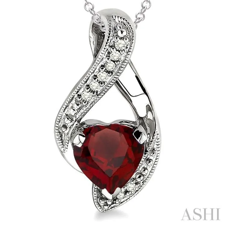 7x7 MM Heart Shape Garnet and 1/20 Ctw Single Cut Diamond Pendant in Sterling Silver with Chain