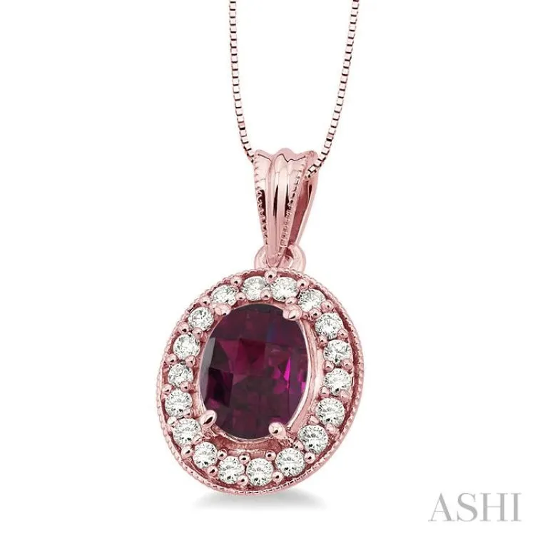 8x6mm Oval Cut Rhodolite Garnet and 1/3 Ctw Round Cut Diamond Pendant in 14K Rose Gold with Chain