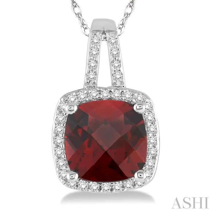 8x8 MM Cushion Cut Garnet and 1/5 Ctw Round Cut Diamond Pendant in 10K White Gold with Chain