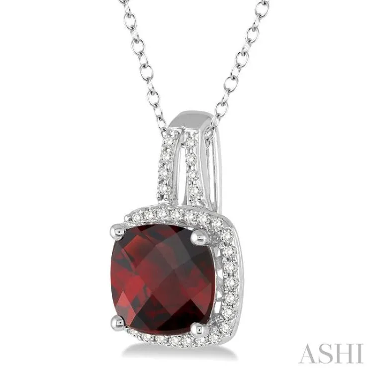 8x8 MM Cushion Cut Garnet and 1/5 Ctw Round Cut Diamond Pendant in 10K White Gold with Chain