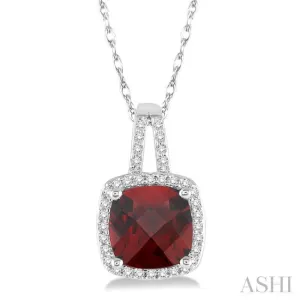 8x8 MM Cushion Cut Garnet and 1/5 Ctw Round Cut Diamond Pendant in 10K White Gold with Chain