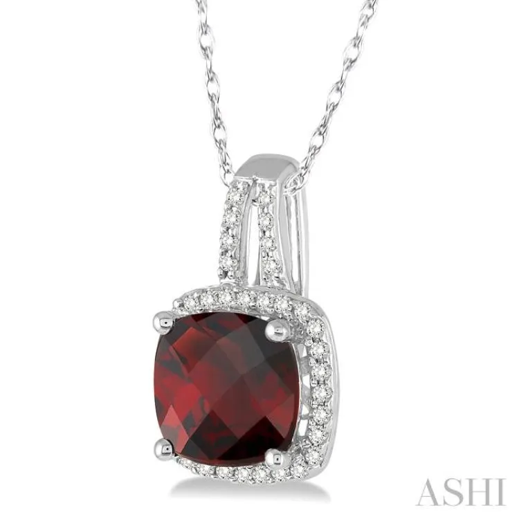 8x8 MM Cushion Cut Garnet and 1/5 Ctw Round Cut Diamond Pendant in 10K White Gold with Chain