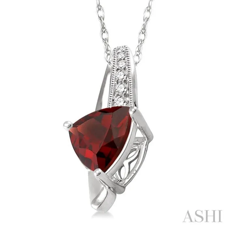 8x8 MM Trillion Cut Garnet and 1/20 Ctw Single Cut Diamond Pendant in 10K White Gold with Chain