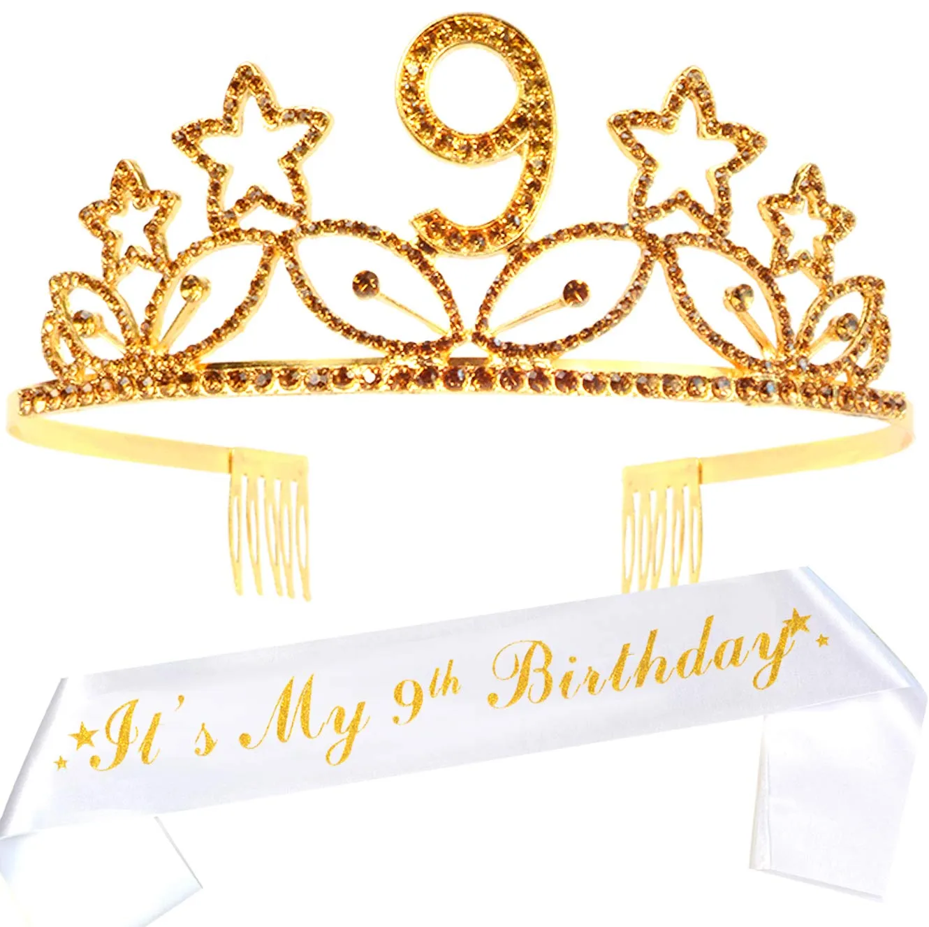 9th Birthday Gifts for Girl, 9th Birthday Tiara and Sash Gold, HAPPY 9th Birthday Party