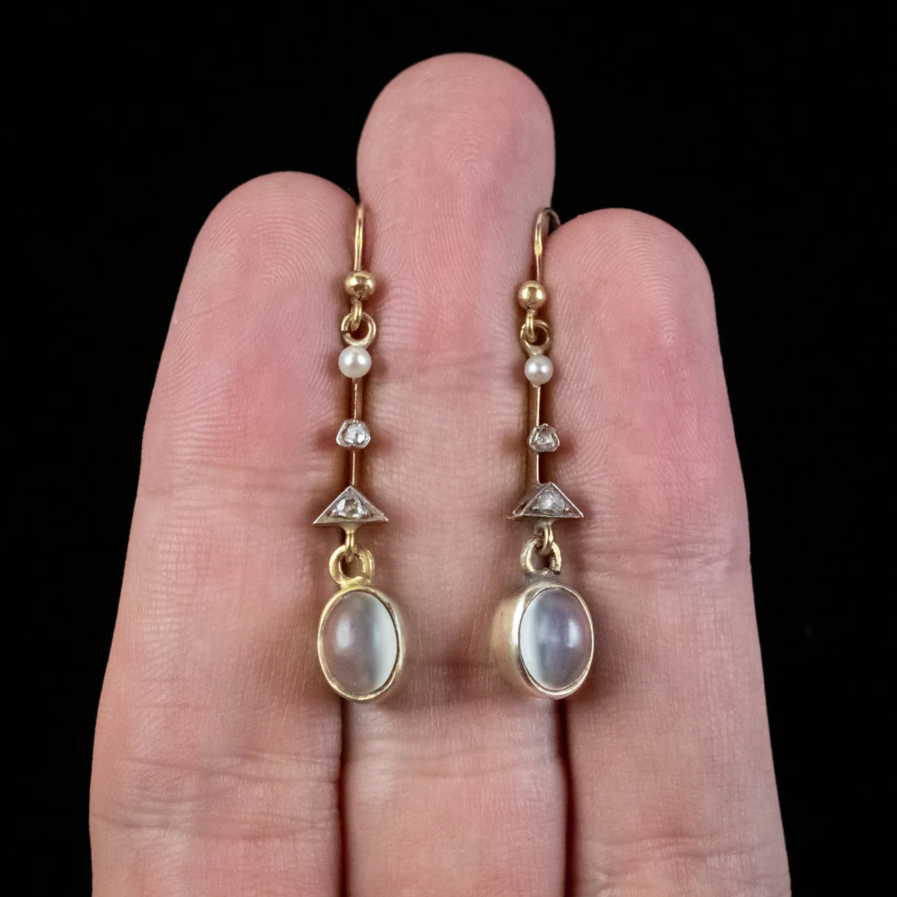 Antique Edwardian French Moonstone Diamond Drop Earrings 18ct Gold Circa 1910