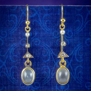 Antique Edwardian French Moonstone Diamond Drop Earrings 18ct Gold Circa 1910