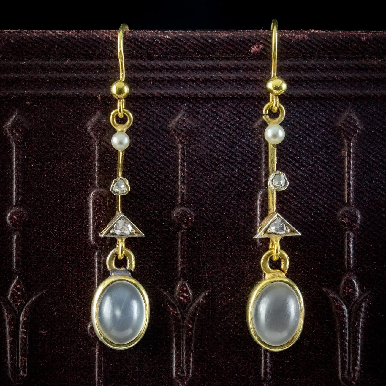 Antique Edwardian French Moonstone Diamond Drop Earrings 18ct Gold Circa 1910