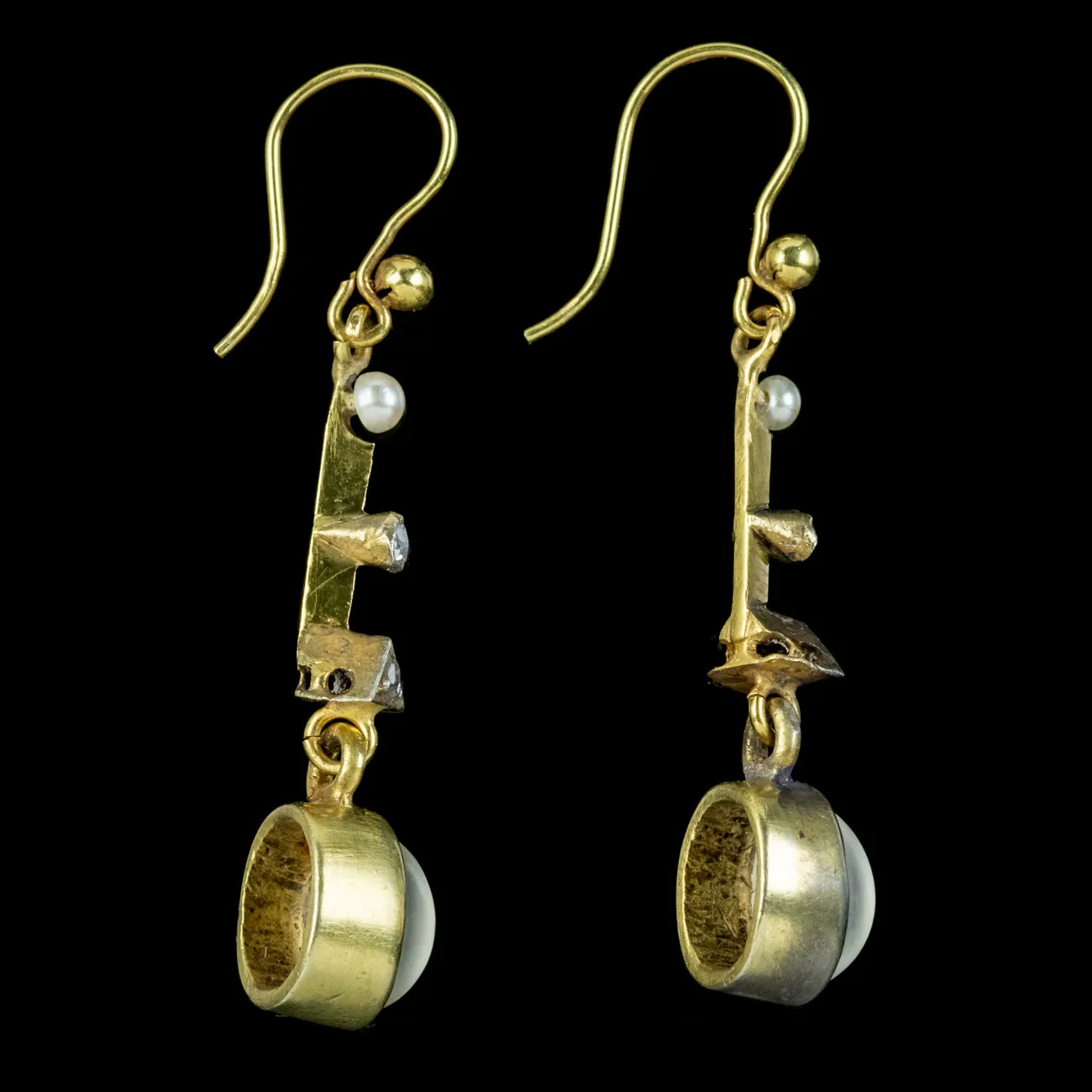 Antique Edwardian French Moonstone Diamond Drop Earrings 18ct Gold Circa 1910