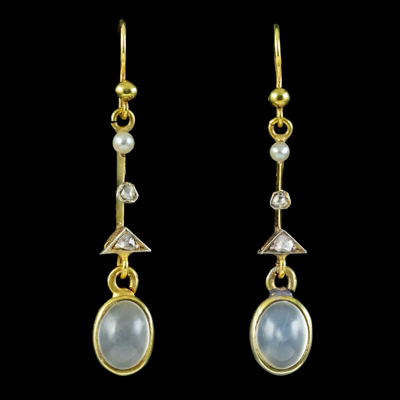 Antique Edwardian French Moonstone Diamond Drop Earrings 18ct Gold Circa 1910