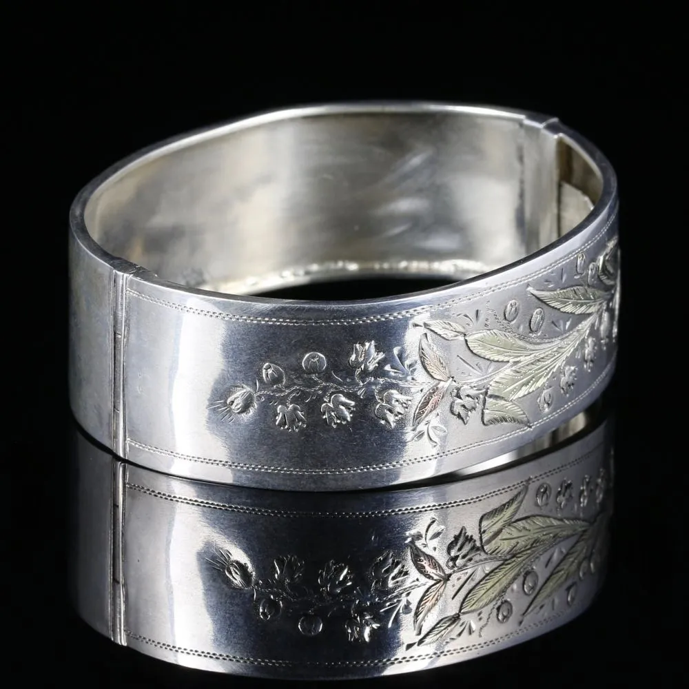 Antique Victorian Bangle Swedish Wheat Floral Engraving Silver Gold