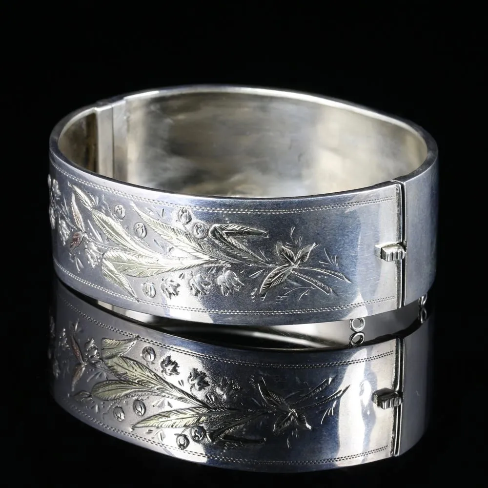 Antique Victorian Bangle Swedish Wheat Floral Engraving Silver Gold