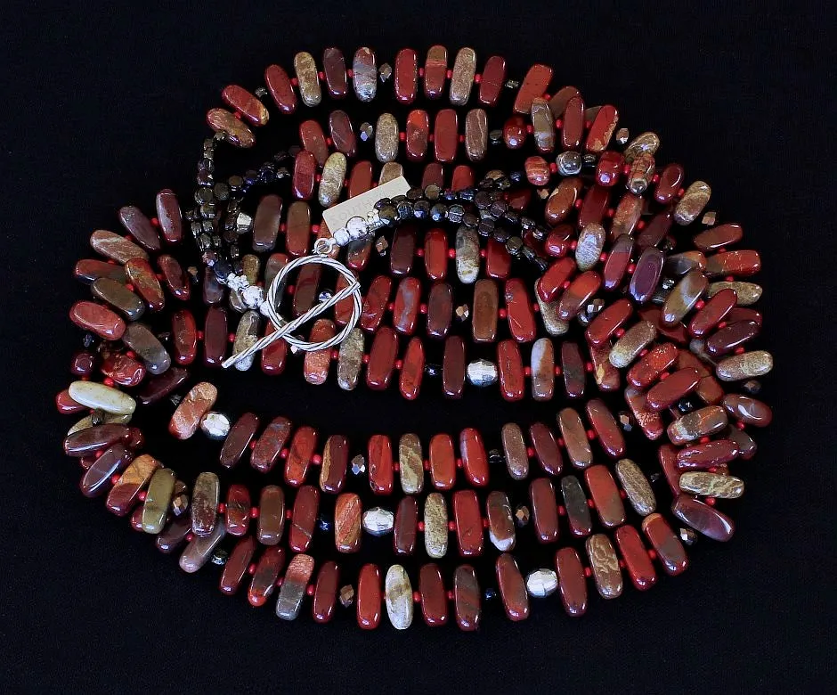 Apple Jasper Stick 3-Strand Necklace with Red Pote Beads, Bronze Czech Nailheads & Faceted Glass Rondelles, and Sterling Silver Beads & Toggle Clasp